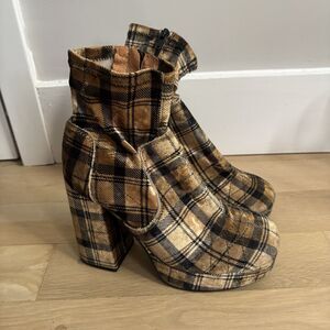 NEW Free People Cecile Mustard Plaid Velvet Boots Women's Size 37 M = 7